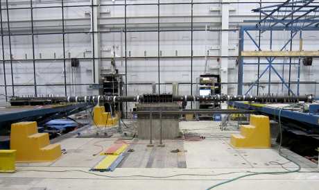 Pipeline specimens were anchored to shake tables to simulate the passage of a seismic wave through two adjacent push-on joints. Experiments took place at a University at Buffalo laboratory.